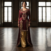 Elegantes Kına-Gecesi-Bindalli – Bordeauxrot mit goldener Stickerei und Satinhose